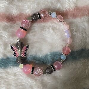 Pink and Gray Beaded Butterfly Bracelet